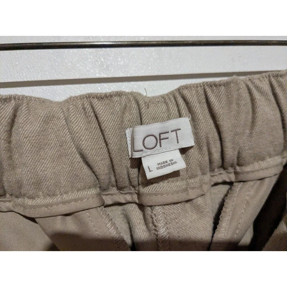 LOFT Brushed Flannel Pants Tan Tab Waist Back Elastic L Stretch